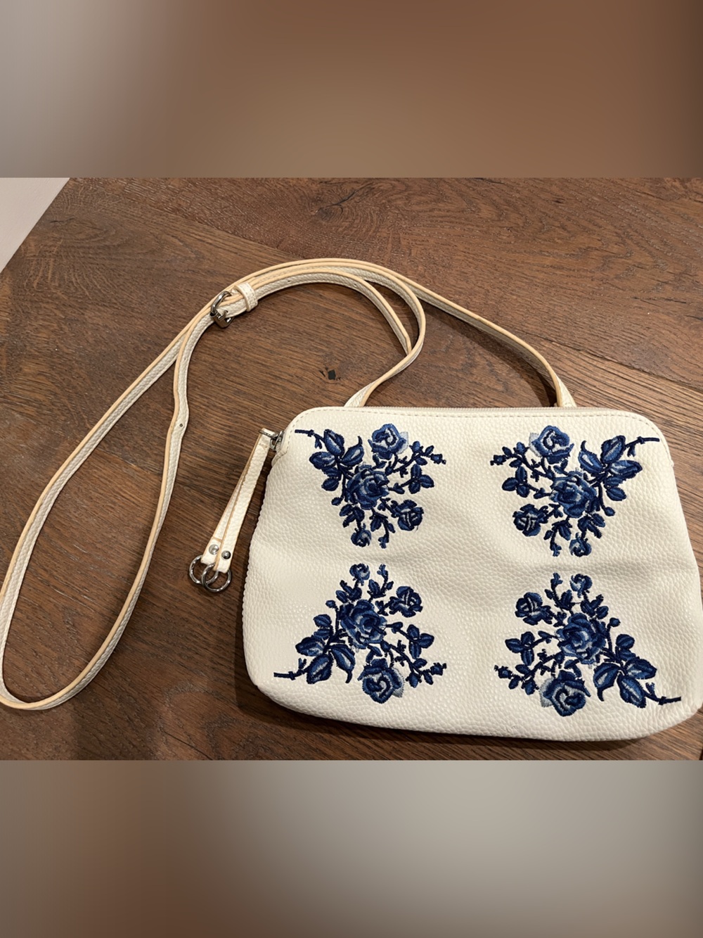 Cream Crossbody Bag with Blue Floral Embroidery